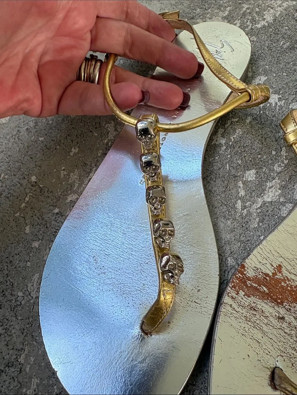 Giuseppe Zanotti silver gold flat skull sandals